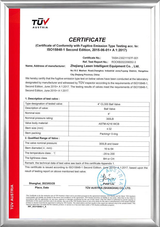 Certificato TUV ISO15848 (valvola a sfera CL300 da 4