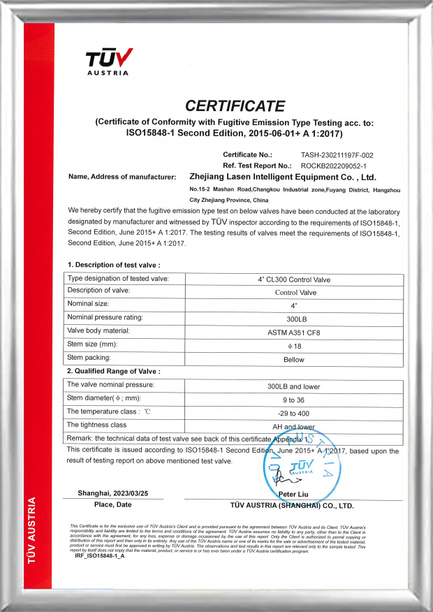 Certificato TUV ISO15848 (valvola di controllo CL300 da 4