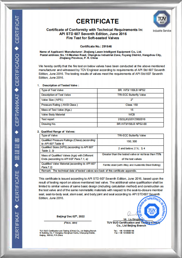 Certificazione antincendio API607（BR.W73/150LB NPS2）