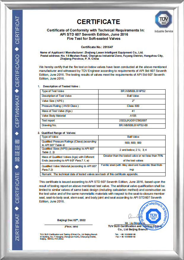 Certificazione antincendio API 607 ​​(BR.W8/600 LB NPS2)