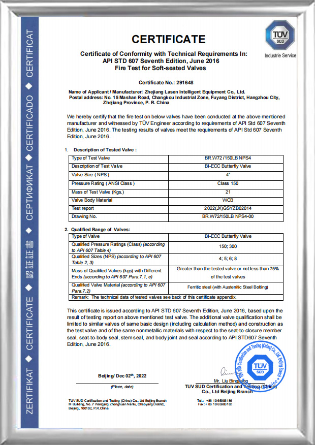 Certificazione antincendio API607（BR.W72/150LB NPS4）