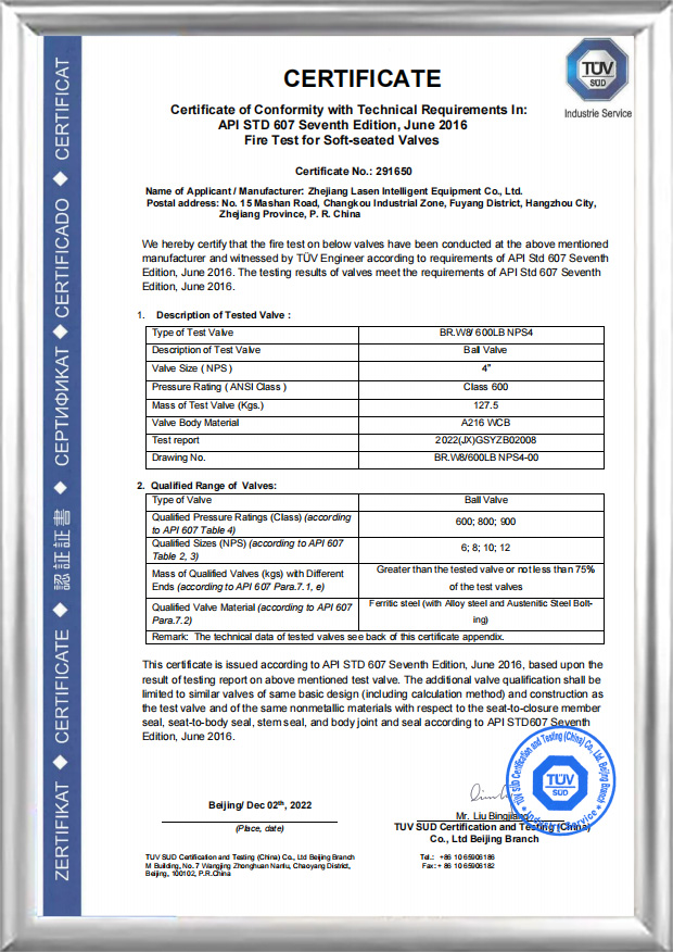 Certificazione antincendio API607（BR.W8/ 600LB NPS4）